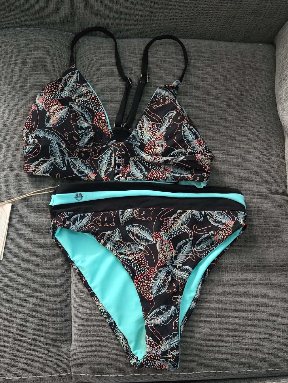 Maaji Black & Aqua Tropical Leaf Print Bikini